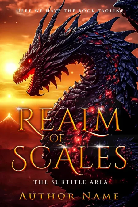 Realm of Scales book cover featuring a fierce dragon with glowing eyes and scales against a fiery sunset background