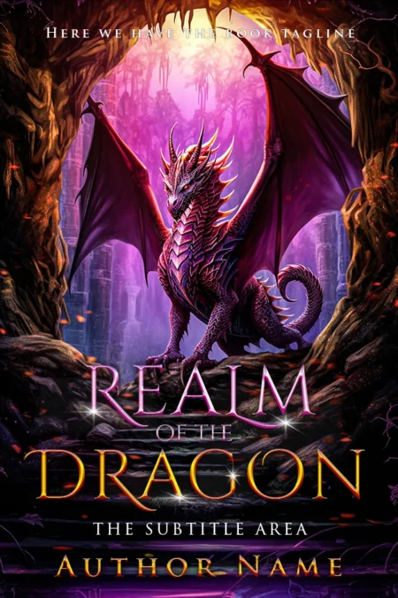Realm of the Dragon book cover featuring a majestic purple dragon with glowing eyes in a mystical forest