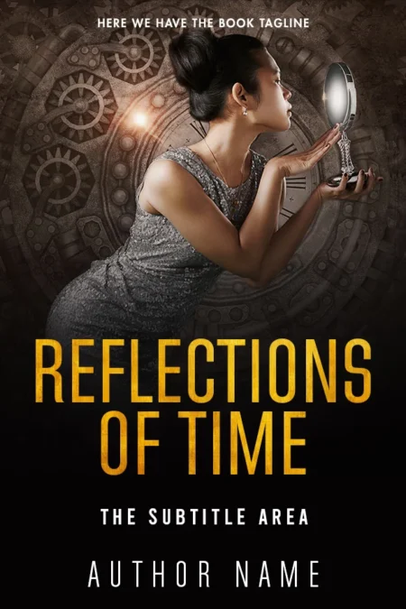 Reflections of Time book cover featuring a woman looking into a mirror with a background of clock gears