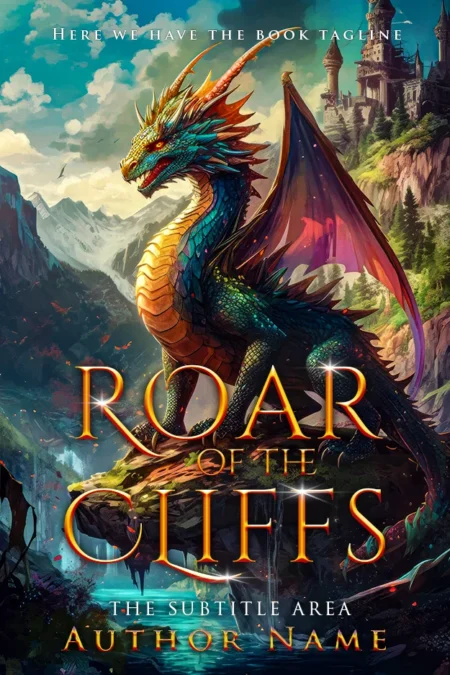 Roar of the Cliffs book cover featuring a majestic dragon perched on a cliff with a castle in the background