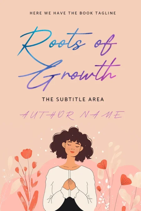 Book cover for 'Roots of Growth' showing a woman in peaceful meditation surrounded by blooming flowers