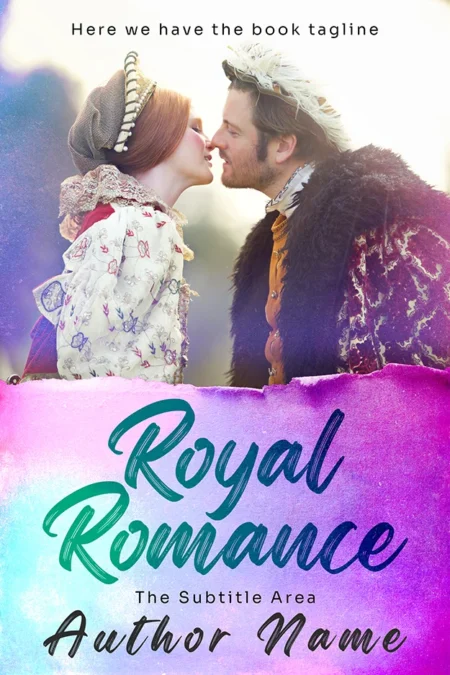 A book cover titled "Royal Romance" featuring a romantic scene of a couple dressed in historical royal attire, set against a pastel watercolor background.
