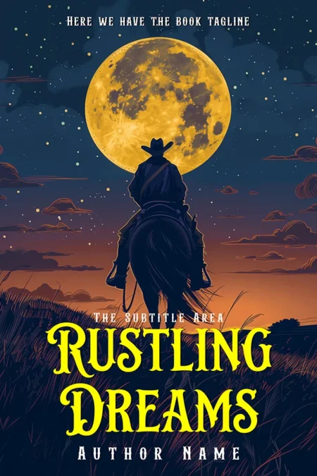 A captivating book cover titled "Rustling Dreams" featuring a silhouette of a cowboy riding into a large full moon, set against a starry night sky.