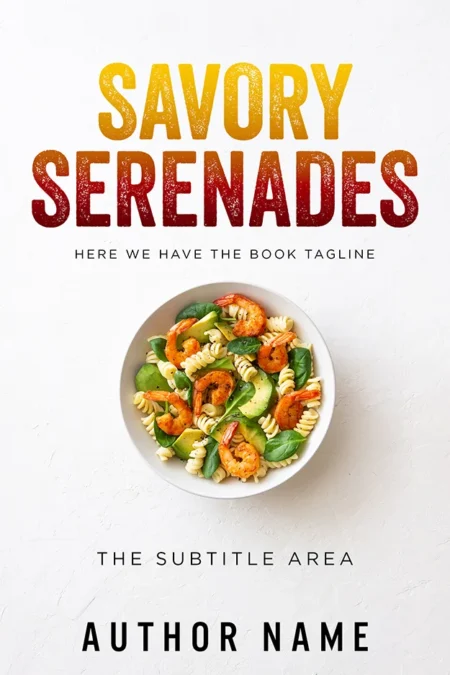 A delectable book cover titled "Savory Serenades" featuring a vibrant bowl of pasta with shrimp and vegetables.