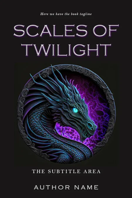 "Scales of Twilight" book cover showcasing a majestic blue dragon encircled by a mystical purple aura, symbolizing magic and ancient lore.