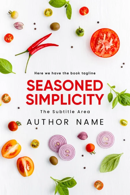 A vibrant book cover titled "Seasoned Simplicity" featuring a flat-lay arrangement of fresh vegetables and spices, highlighting the essence of simple, flavorful cooking.