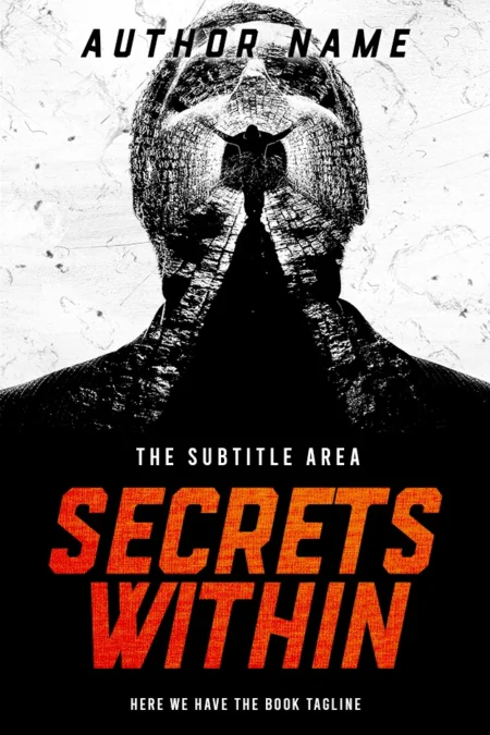 "Secrets Within" book cover featuring a haunting image of a man with his face merging into a butterfly, set against a cracked white background with bold red title text.