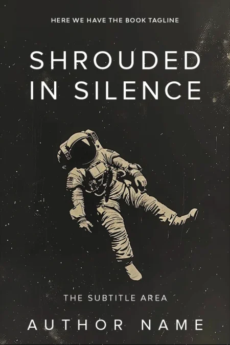 A captivating book cover design titled "Shrouded in Silence," featuring a solitary astronaut floating in the vastness of space, evoking themes of isolation and mystery.