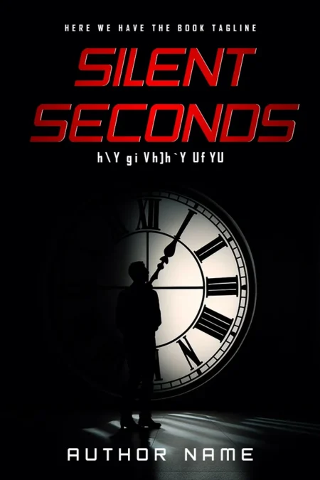 Silent Seconds book cover featuring a silhouette of a man standing in front of a large clock face in a dark background