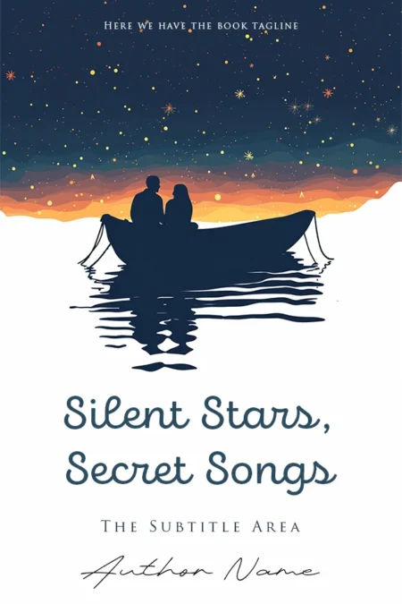 A romantic book cover design featuring a couple sitting in a boat on a serene lake under a starry sky, symbolizing love and intimacy.