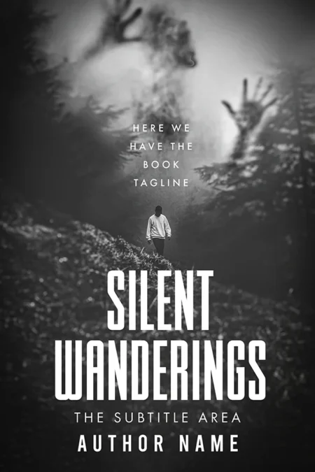 A book cover titled "Silent Wanderings" featuring a solitary figure walking through a misty forest, with ghostly hands reaching out from the fog.
