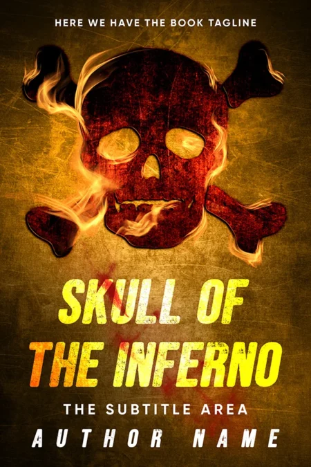 A fiery book cover titled "Skull of the Inferno" featuring a burning skull and crossbones with a smoky, intense background.