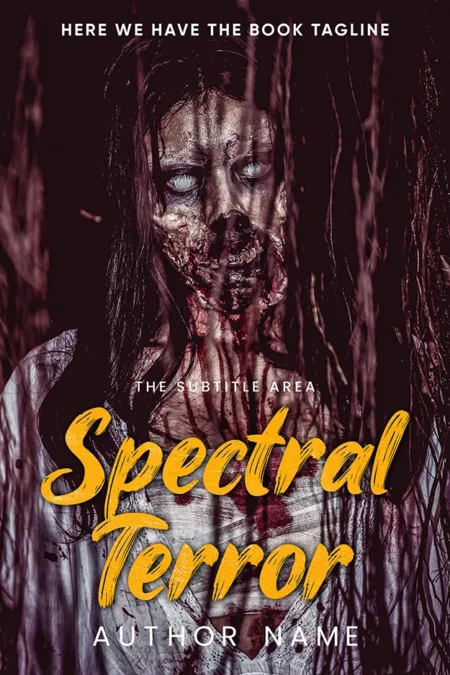 A haunting book cover titled "Spectral Terror" featuring a terrifying spectral figure with pale, ghostly eyes and blood-stained clothing, set against a dark, eerie background.