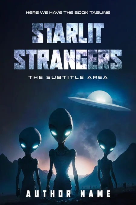A book cover titled "Starlit Strangers" featuring three aliens with glowing eyes standing in a dark, otherworldly landscape with a UFO hovering in the sky above.