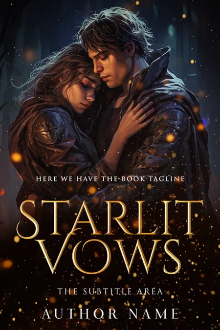 A book cover titled "Starlit Vows" featuring an illustration of a couple embracing under a starlit sky, symbolizing romance and deep emotional connection.