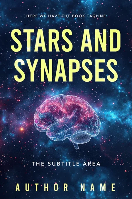 A book cover titled "Stars and Synapses" featuring an ethereal brain illustration intertwined with a starry night sky background, representing the connection between the cosmos and the mind.