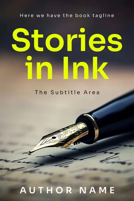 A captivating book cover titled "Stories in Ink" featuring a close-up of a fountain pen poised over handwritten text.
