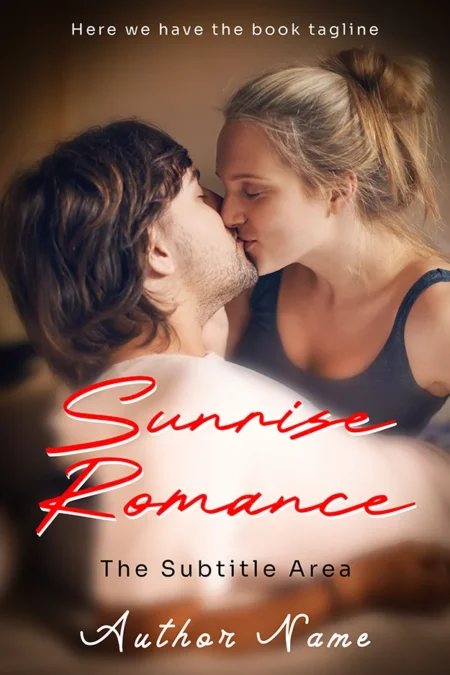 A book cover titled "Sunrise Romance" featuring a tender moment between a couple about to kiss, set against a soft, warm backdrop symbolizing the intimacy and warmth of a sunrise.