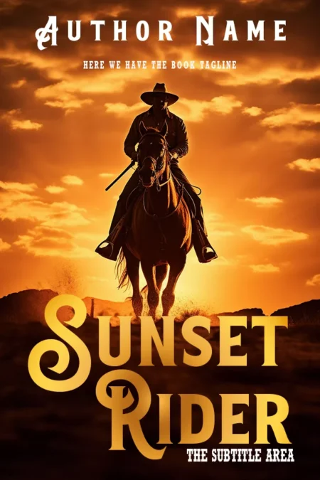 A dramatic book cover titled "Sunset Rider" featuring a silhouette of a cowboy on horseback against a vivid sunset.