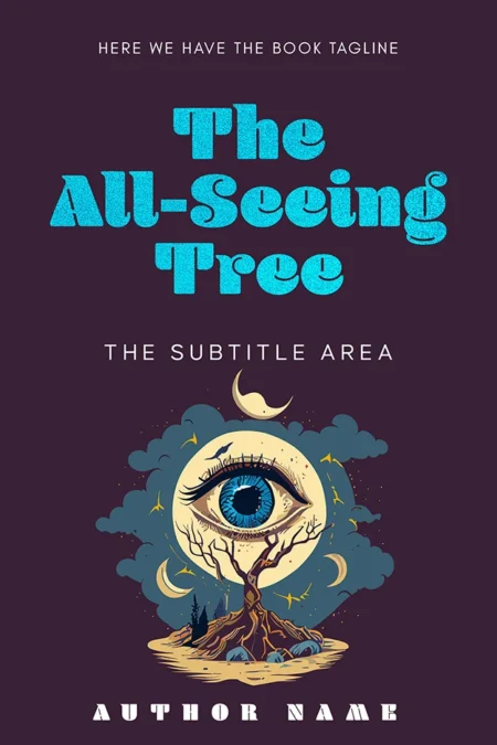 A mystical book cover titled "The All-Seeing Tree" featuring an eye within a tree, surrounded by crescent moons and clouds.