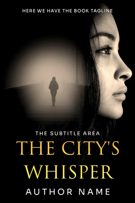 "The City's Whisper" book cover showing a close-up of a woman's face with a silhouette of a man walking towards light in the background, capturing a sense of mystery and intrigue.
