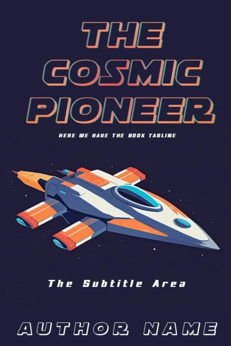 The Cosmic Pioneer book cover featuring a futuristic spaceship against a dark space background