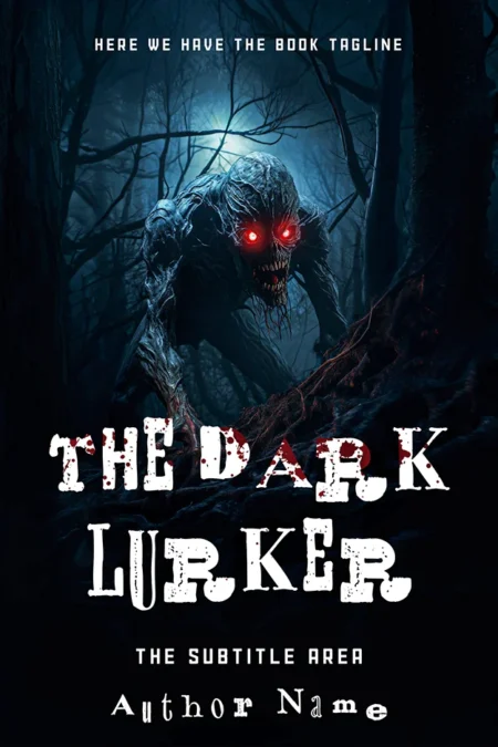A book cover titled "The Dark Lurker" featuring a menacing, shadowy creature with glowing red eyes lurking in a dark, eerie forest.