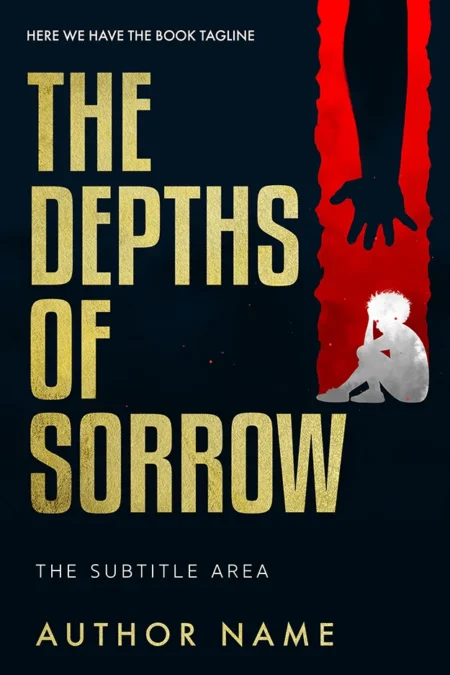 A book cover titled "The Depths of Sorrow" featuring a silhouette of a person sitting with their head down, surrounded by dark shadows and a striking red vertical stripe.