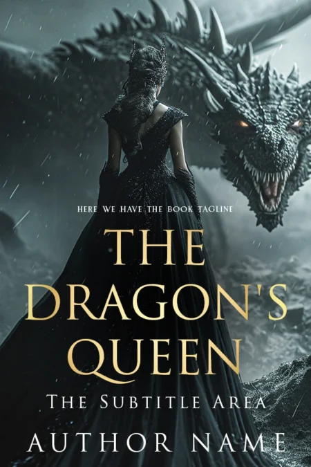 The Dragon's Queen book cover featuring a queen in a black dress standing before a fierce dragon