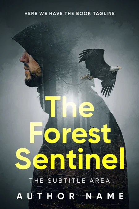 A mysterious book cover titled "The Forest Sentinel" featuring a hooded figure with an overlay of a forest and an eagle flying beside them.
