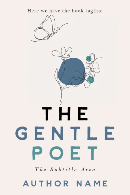 A delicate book cover titled "The Gentle Poet" featuring minimalist line art of butterflies and flowers with soft blue accents.