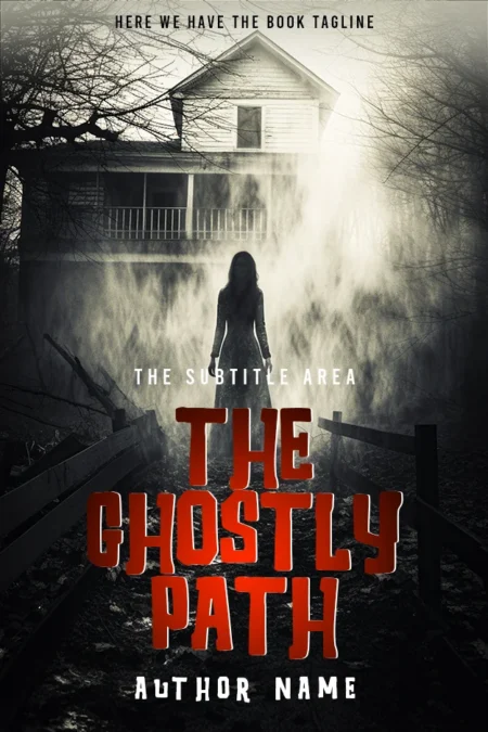 A haunting book cover titled "The Ghostly Path" featuring a shadowy figure standing in front of a spooky, mist-covered house.