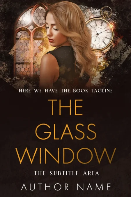The Glass Window book cover featuring a thoughtful woman with a stained glass window and vintage clock