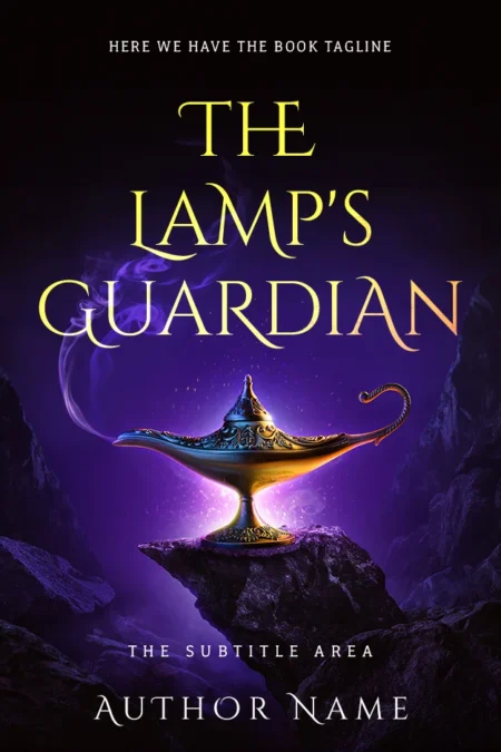 Book cover featuring the title 'The Lamp's Guardian' in yellow letters over an image of a glowing magical lamp resting on a rocky outcrop, surrounded by purple mist.