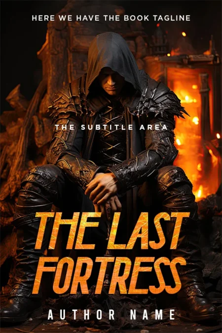 A dark fantasy book cover featuring a hooded warrior in black armor, sitting in a fortress with flames in the background.
