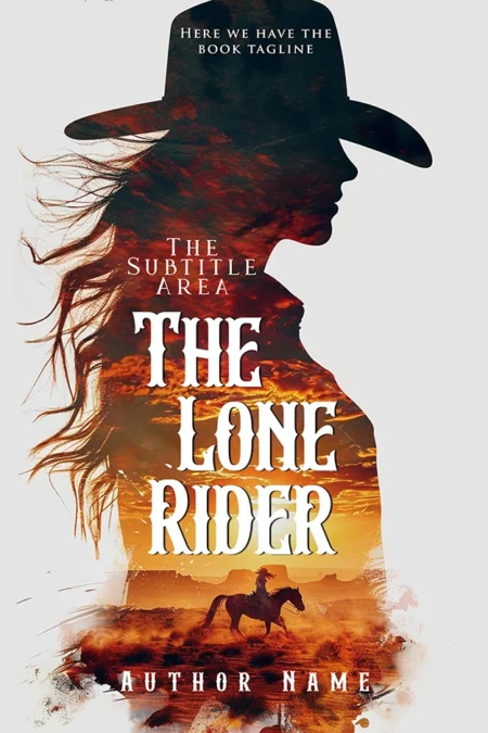 A captivating book cover titled "The Lone Rider" featuring a silhouette of a cowboy with a sunset landscape overlay and a horse rider in the background.