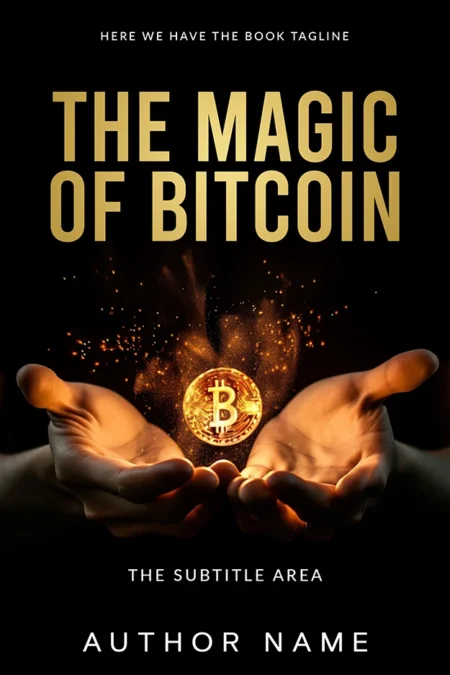 A book cover titled "The Magic of Bitcoin" featuring an illustration of hands holding a glowing Bitcoin symbol, symbolizing the allure and potential of cryptocurrency.