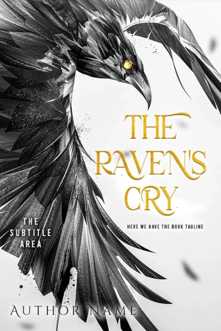 "The Raven's Cry" book cover featuring a striking image of a raven with intense golden eyes, set against a monochrome background with splattered ink details.