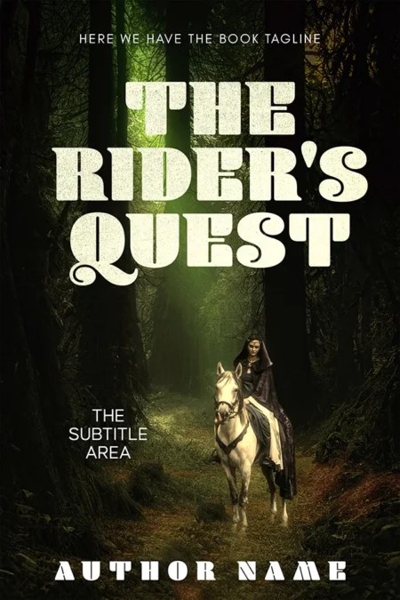 A captivating book cover titled "The Rider's Quest" featuring a woman riding a white horse through a dense, mystical forest.