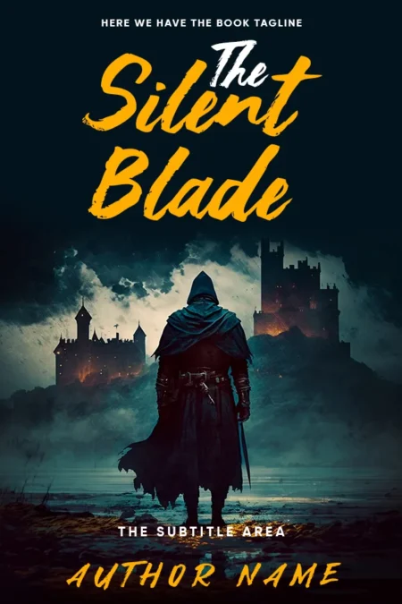 A dark and mysterious book cover design titled "The Silent Blade," featuring a hooded figure standing before a castle, symbolizing a fantasy adventure or epic journey.