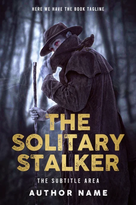 A chilling book cover titled "The Solitary Stalker" featuring a mysterious figure in a dark cloak and hat, holding a staff in a foggy forest.
