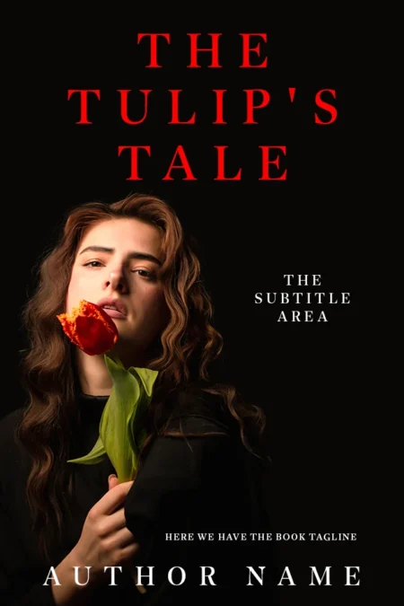 A book cover design featuring a young woman holding a red tulip against a dark background, symbolizing mystery, romance, and youthful allure.