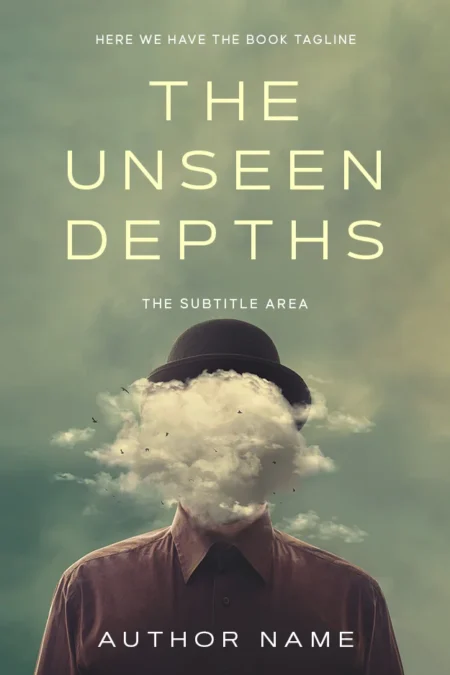 Book cover featuring the title 'The Unseen Depths' in pale yellow letters over an image of a person in a hat with their head obscured by a cloud.
