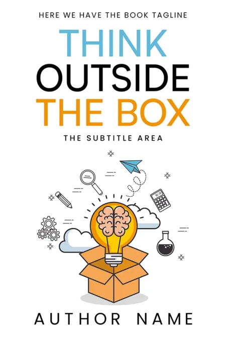 A creative book cover titled "Think Outside the Box" featuring a light bulb with a brain inside, emerging from an open box, surrounded by symbols of innovation and ideas.