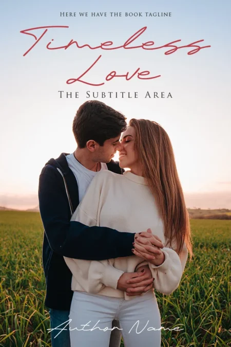 A book cover design featuring a young couple embracing in a field at sunset, symbolizing enduring romance and love.
