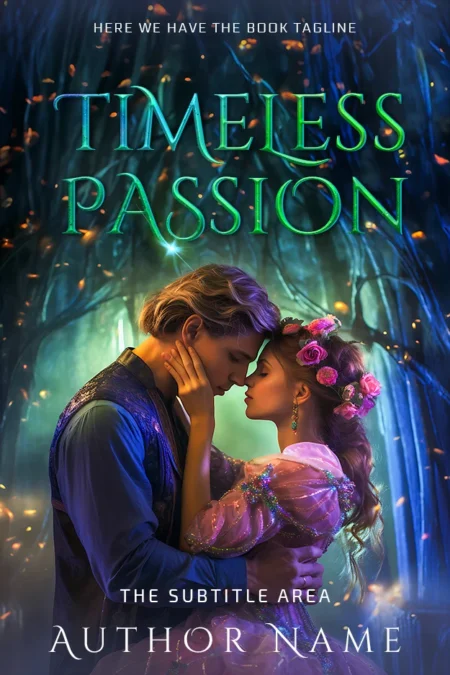 Timeless Passion book cover featuring a romantic couple in an enchanting forest setting