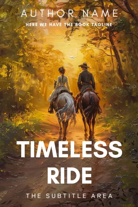 A poetic book cover titled "Timeless Ride" featuring two riders on horseback traveling down a sunlit forest path.
