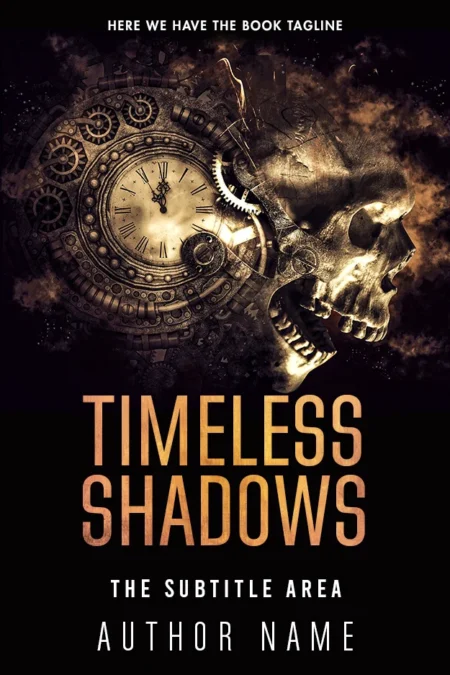 Timeless Shadows book cover featuring a dark, steampunk-inspired skull with clock gears