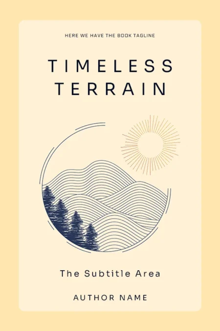 Timeless Terrain book cover featuring a minimalist design with abstract mountain and sun illustration