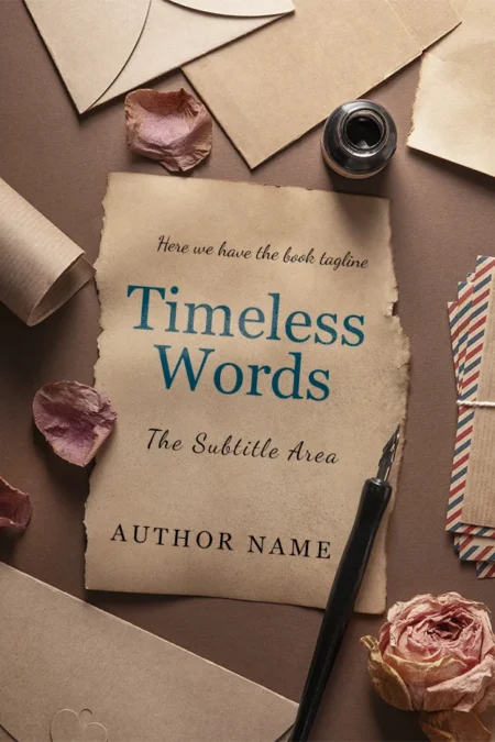 Timeless Words book cover featuring a vintage parchment with a quill pen and dried roses